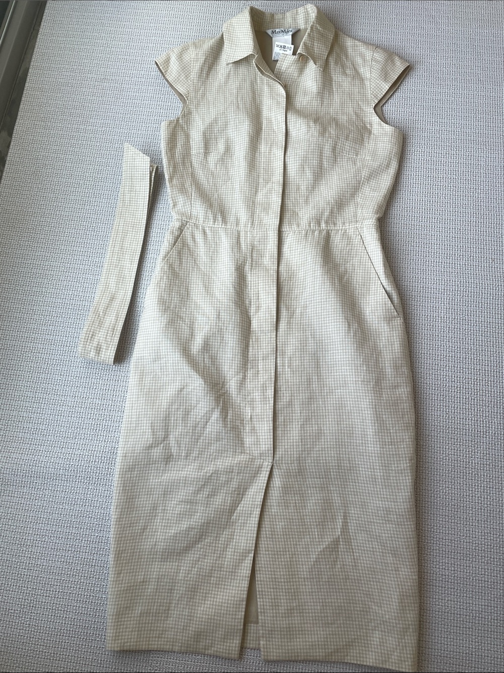 MaxMara Cap sleeve Cream plaid Linen Midi Dress - Cream Plaid -EU 32-US 0 - Picture 5 of 13